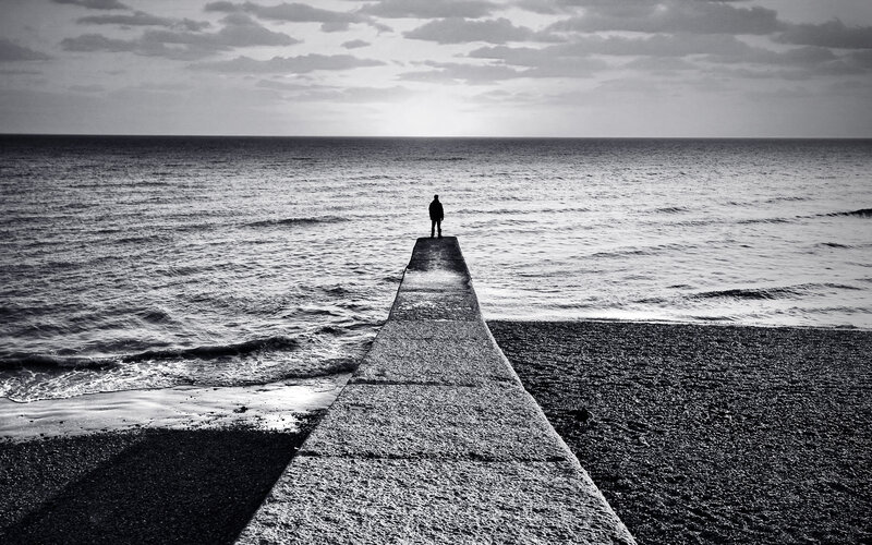 Person on Pier at Sea — Black, Solitary, Sunset