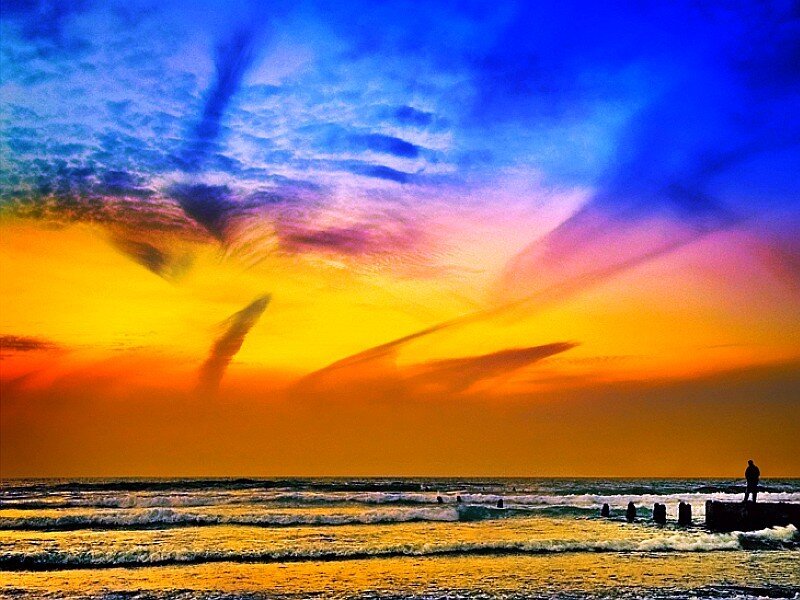 Person on Pier at Sunset — Blue, Dramatic, Photograph, Ocean