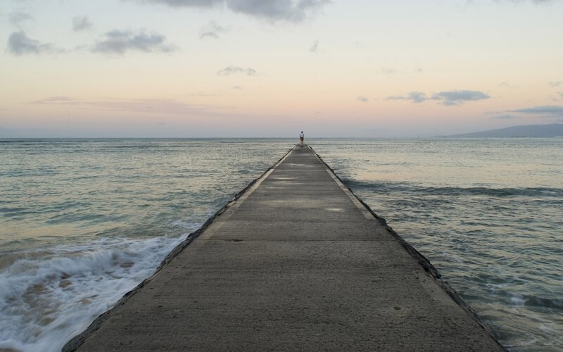 Person on Pier at Sunset — Blue, Serene, Photograph