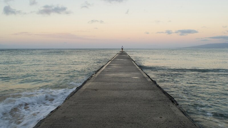 Person on Pier at Sunset — Blue, Serene