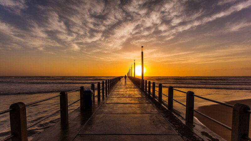 Person on Pier at Sunset — Orange, Dramatic, Photograph, Ocean, Sun