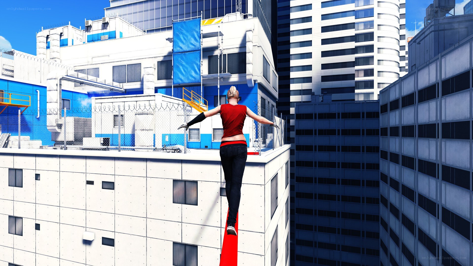 person on red beam in city