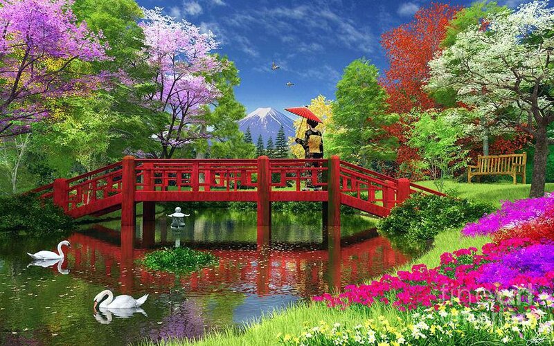 Person on Red Bridge — Serene, Spring