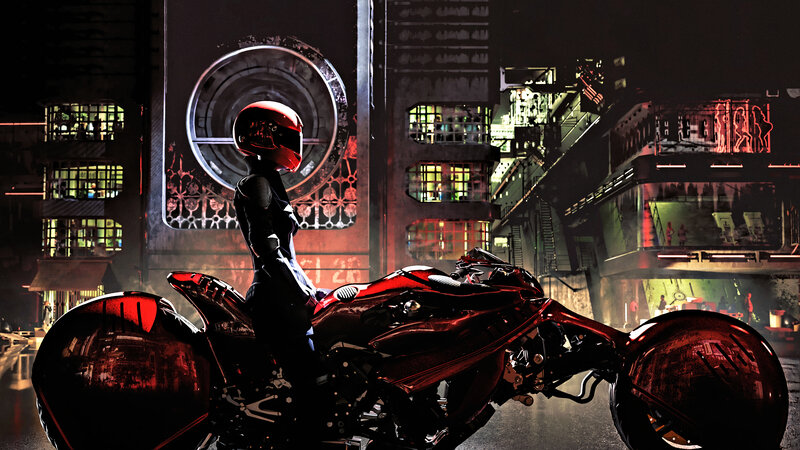 Person on Red Motorcycle — Dramatic, Night, Digital Art, Cityscape, Helmet