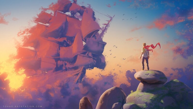 Person on Rock with Ship