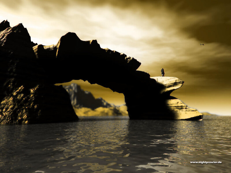 person on rocky arch by water