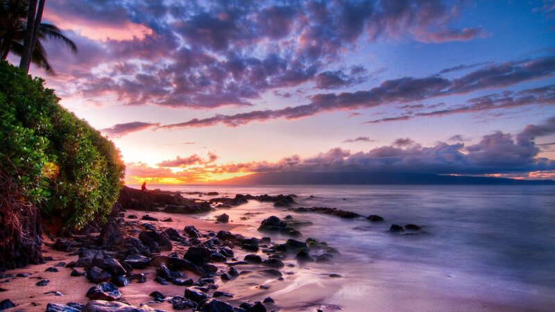 Person on Rocky Beach — Purple, Serene, Sunset