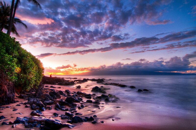 Person on Rocky Beach — Purple, Serene