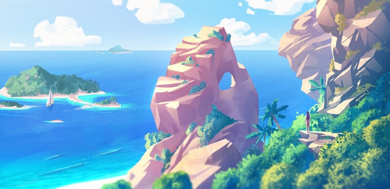 Person on Rocky Cliff — Blue, Serene, Afternoon, Digital Art
