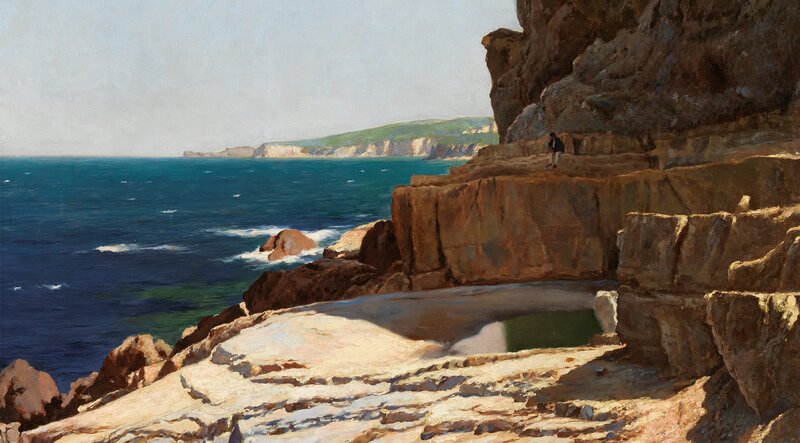 Person on Rocky Cliff — Blue, Serene, Afternoon, Painting