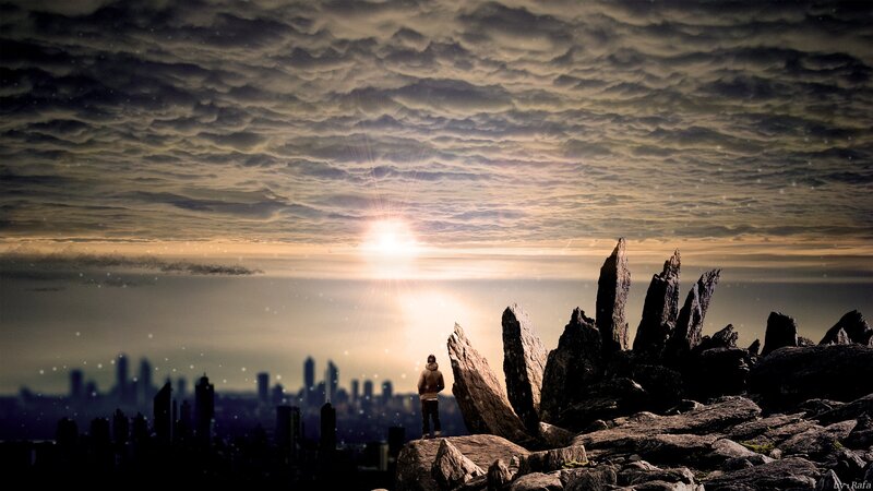 Person on Rocky Cliff — Gray, Dramatic, Sunset