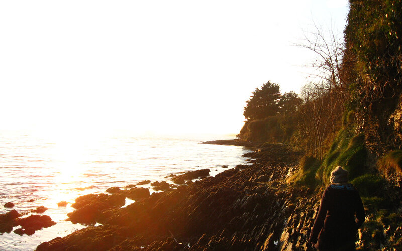 person on rocky coast at sunset