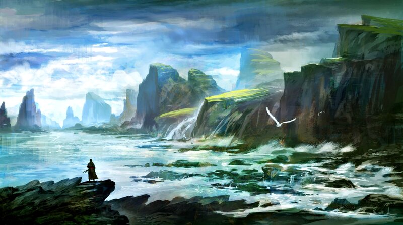 Person on Rocky Shore — Blue, Dramatic