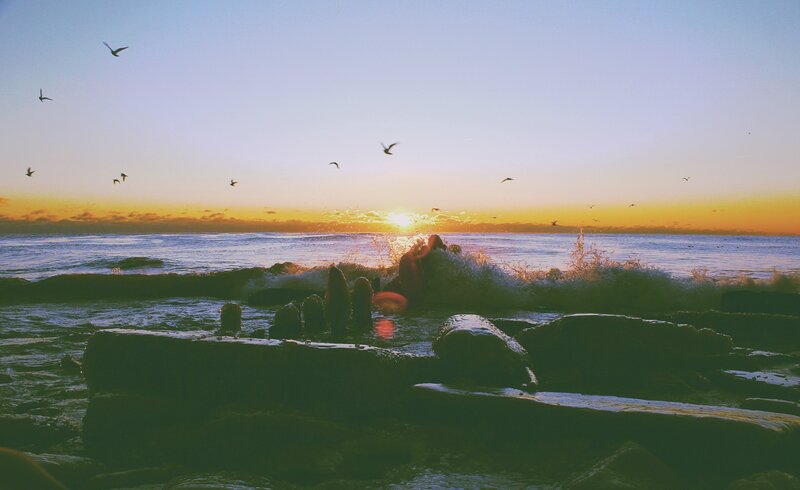 Person on Rocky Shore — Orange, Serene, Sunset, Photograph