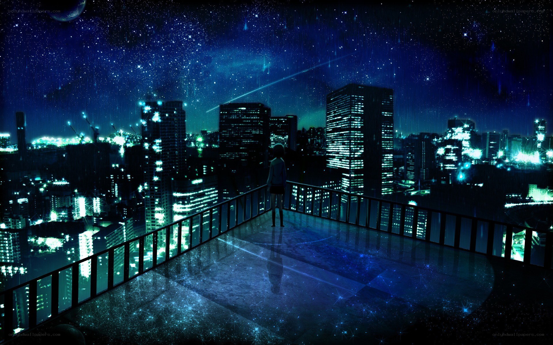 person on rooftop at night
