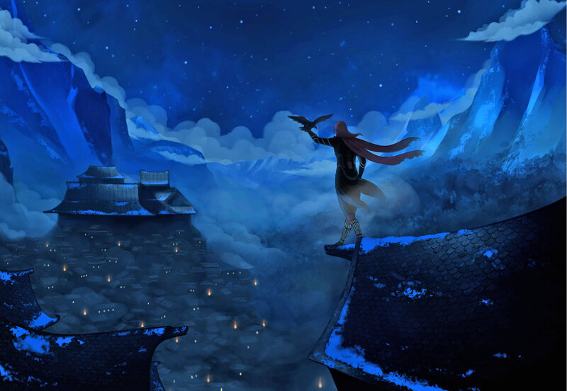 Person on Rooftop at Night — Blue, Dramatic, Digital Art, Bird