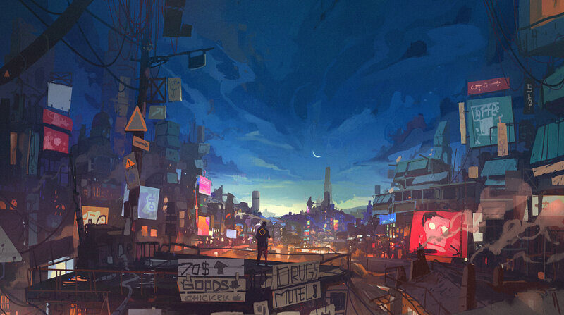Person on Rooftop at Night — Blue, Dramatic, Digital Art