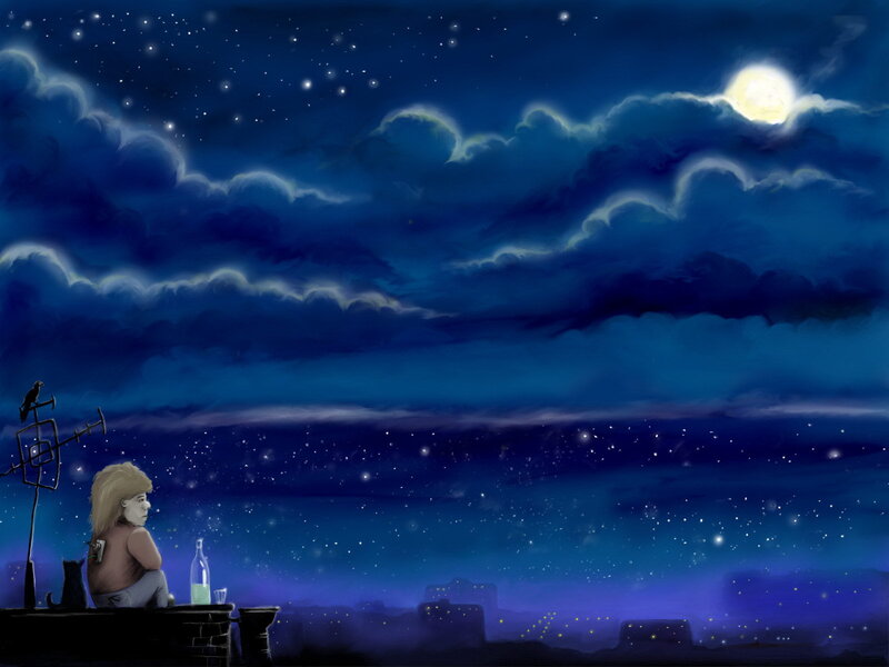 Person on Rooftop at Night — Blue, Serene, Digital Art