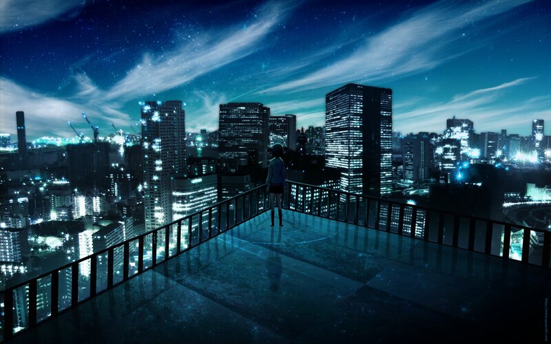 Person on Rooftop at Night — Blue, Serene