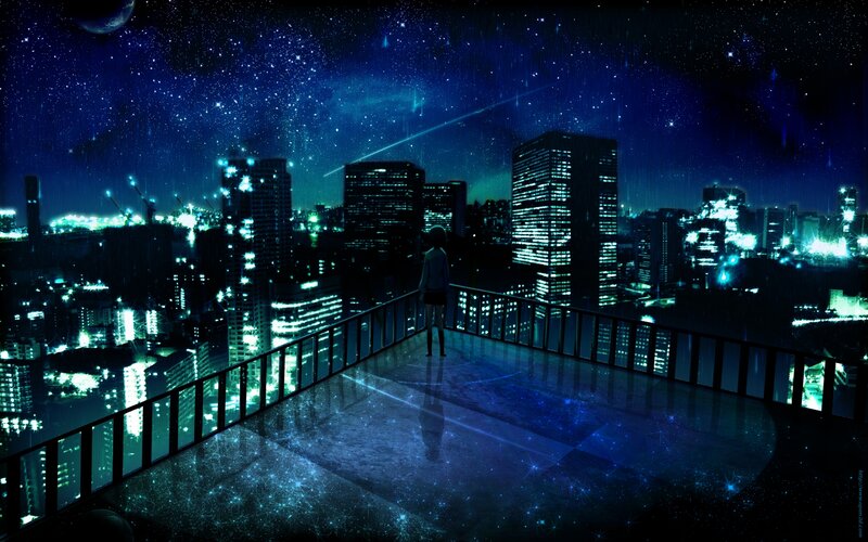 Person on Rooftop at Night — Blue