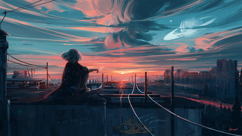 Person on Rooftop at Sunset — Blue