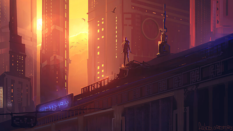 Person on Rooftop at Sunset — Orange, Dramatic, Digital Art