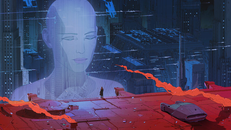 Person on Rooftop — Blue, Dramatic, Night, Digital Art, Cityscape
