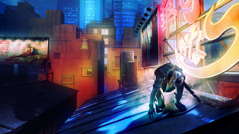 Person on Rooftop — Blue, Dramatic, Night, Digital Art, Neon Signs