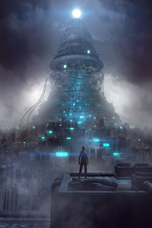 Person on Rooftop — Blue, Dramatic, Night, Digital Art