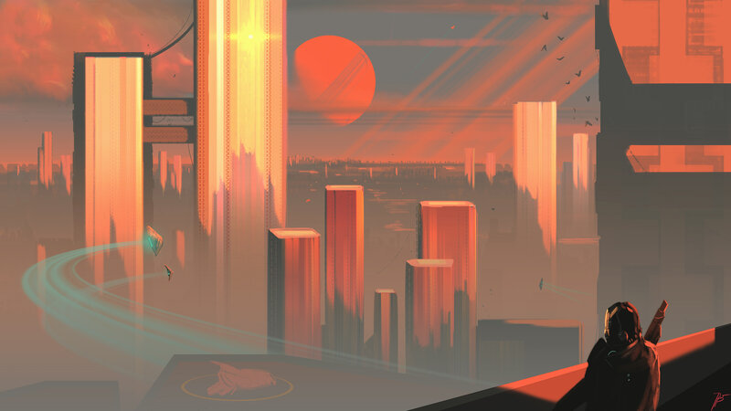 Person on Rooftop — Orange, Dramatic, Sunset, Digital Art, Cityscape