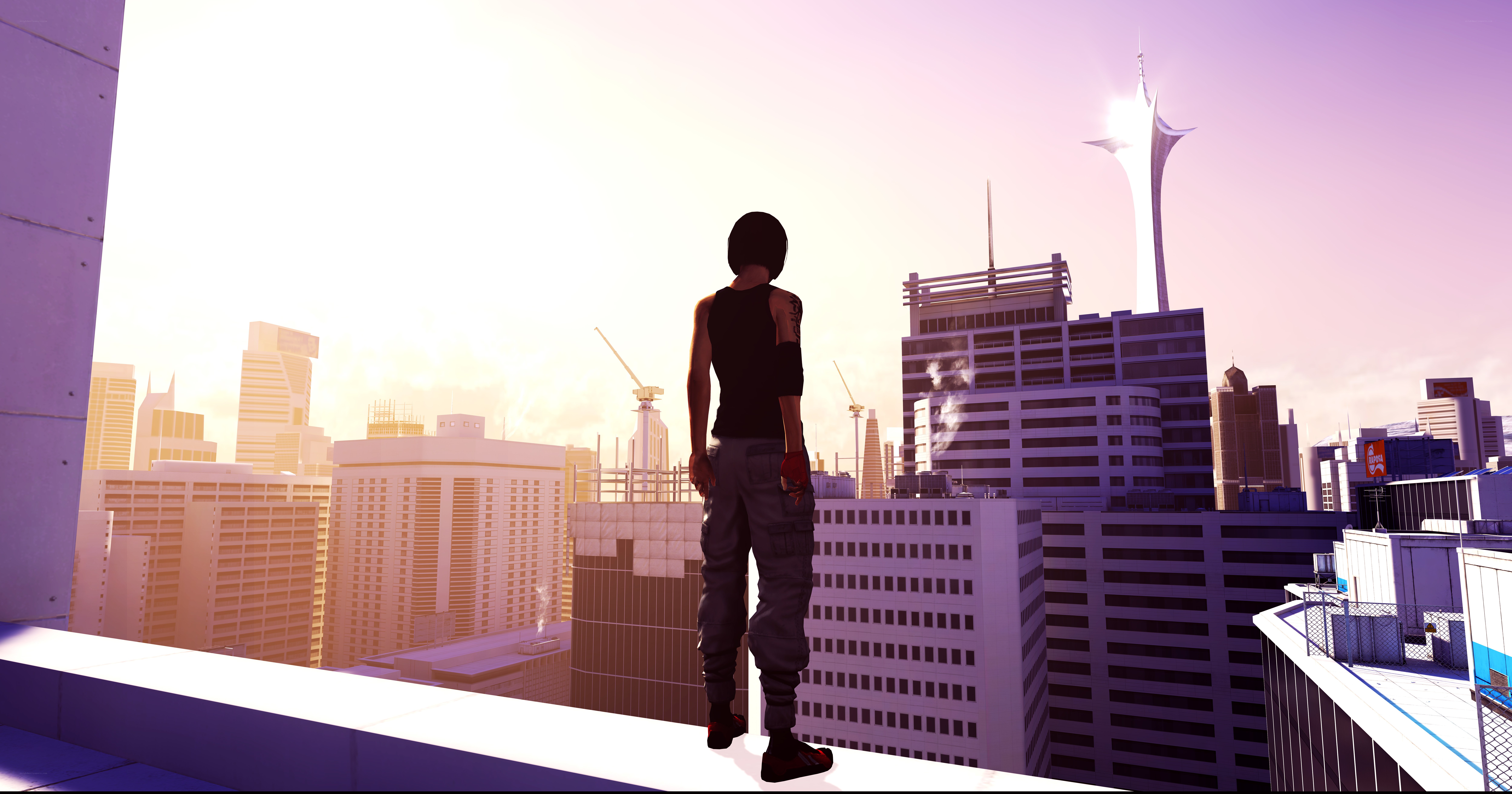 person on rooftop overlooking city