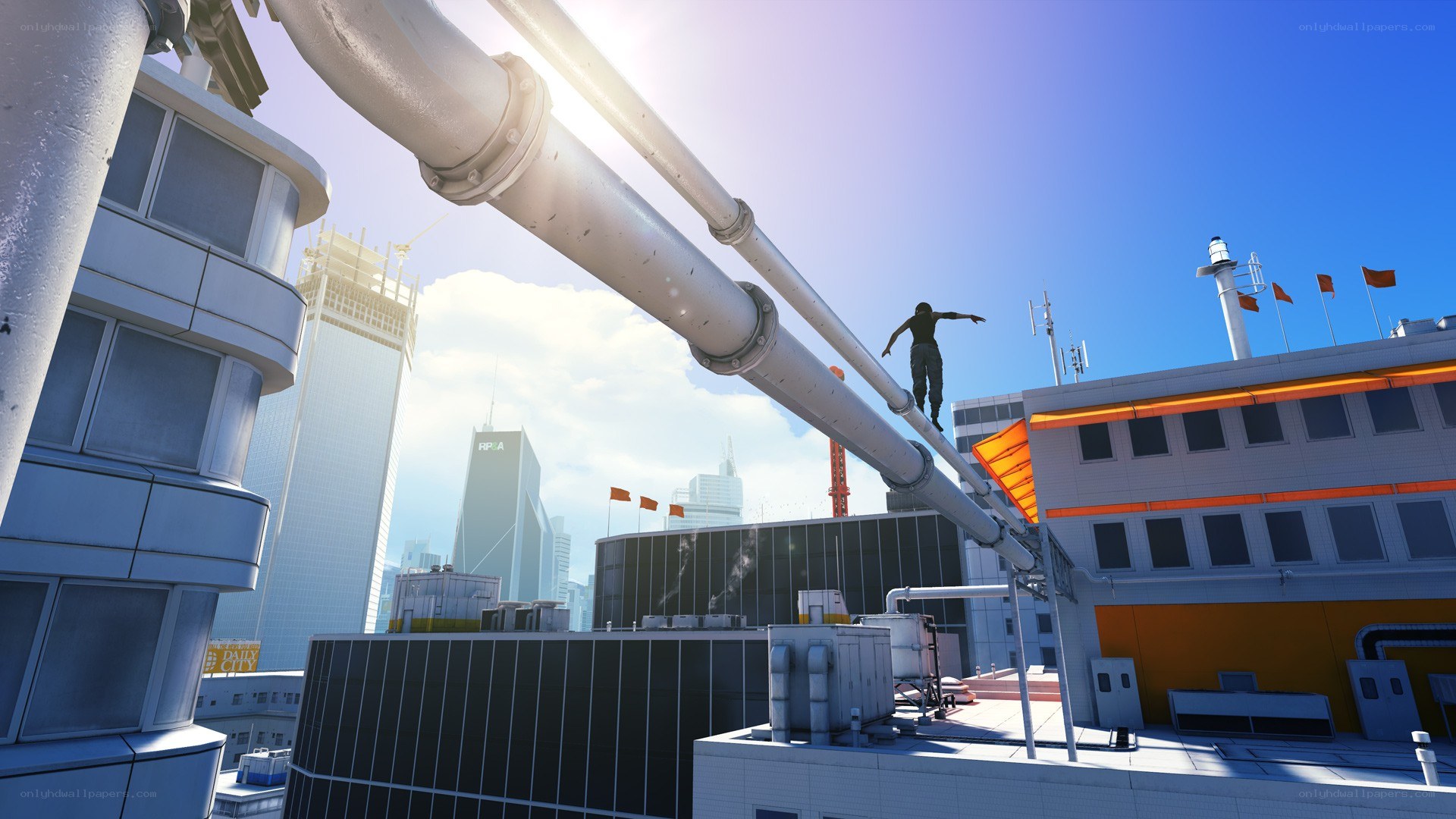 person on rooftop pipes