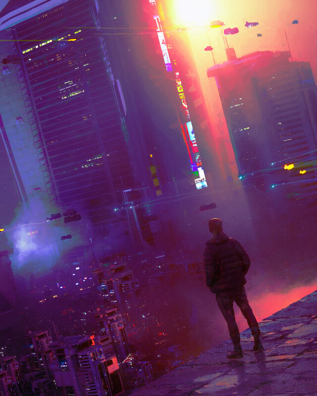 Person on Rooftop — Purple, Dramatic, Night, Digital Art, Cityscape