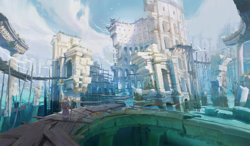Person on Ruined Bridge — Blue