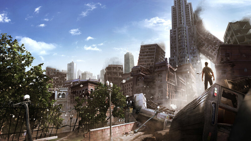 Person on Ruined City — Blue, Dramatic
