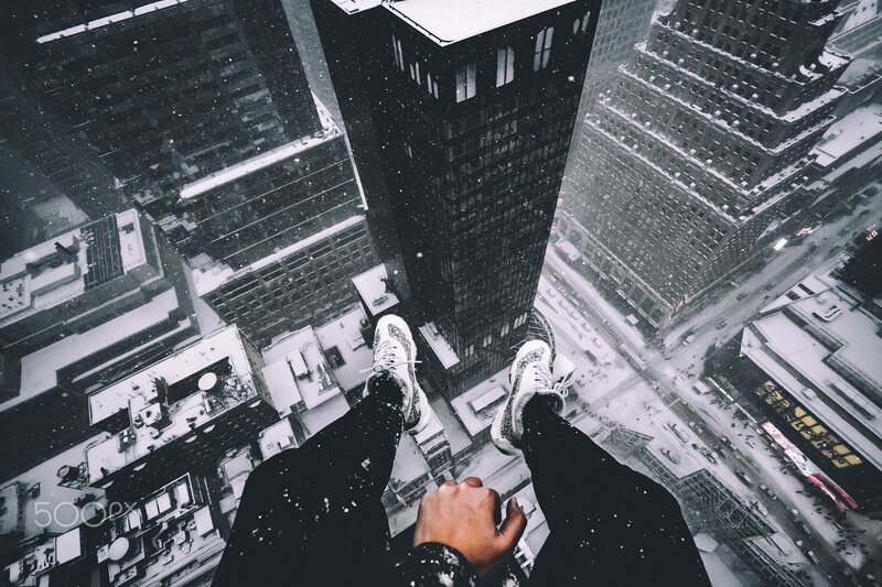 Person on Skyscraper Edge — Black, Dramatic