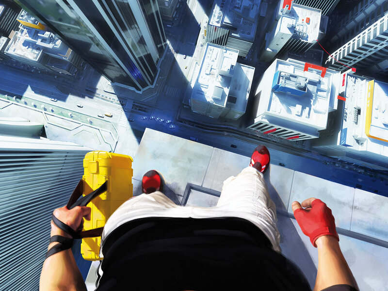 Person on Skyscraper Edge — Blue, Dramatic, Afternoon, Digital Art, Yellow Toolbox