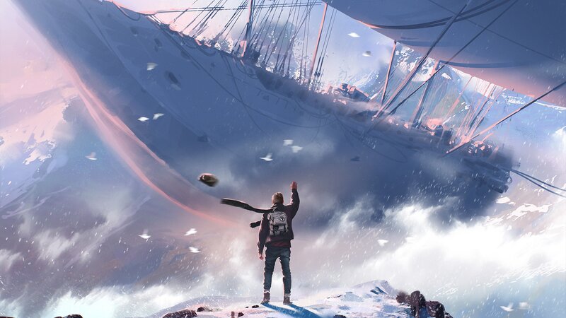 Person on Snowy Cliff — White