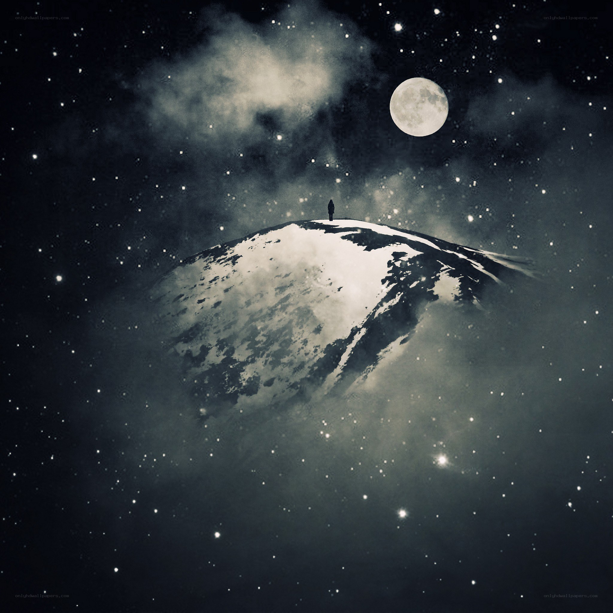 Person on snowy peak under moon
