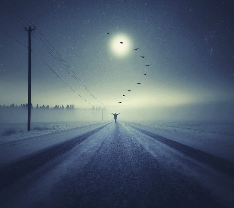 Person on Snowy Road — Blue