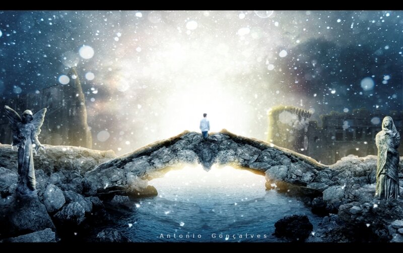 Person on Stone Bridge — Blue