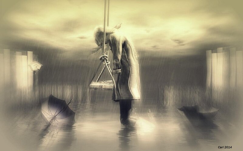 Person on Swing in Rain — Gray