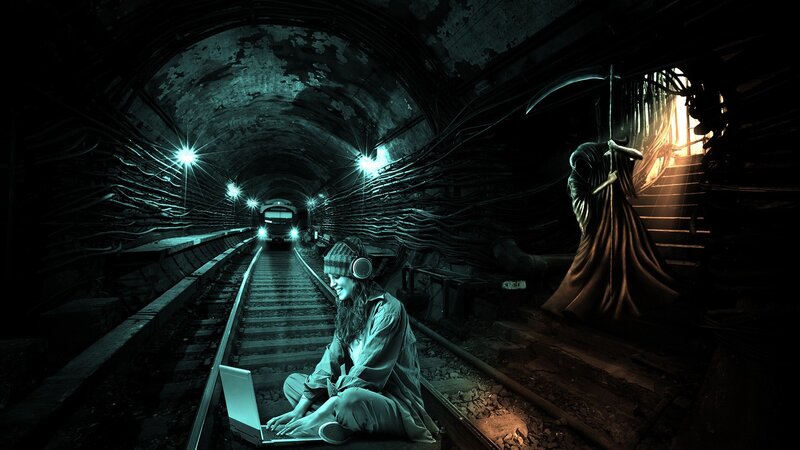 Person on Train Tracks — Black, Dramatic, Night