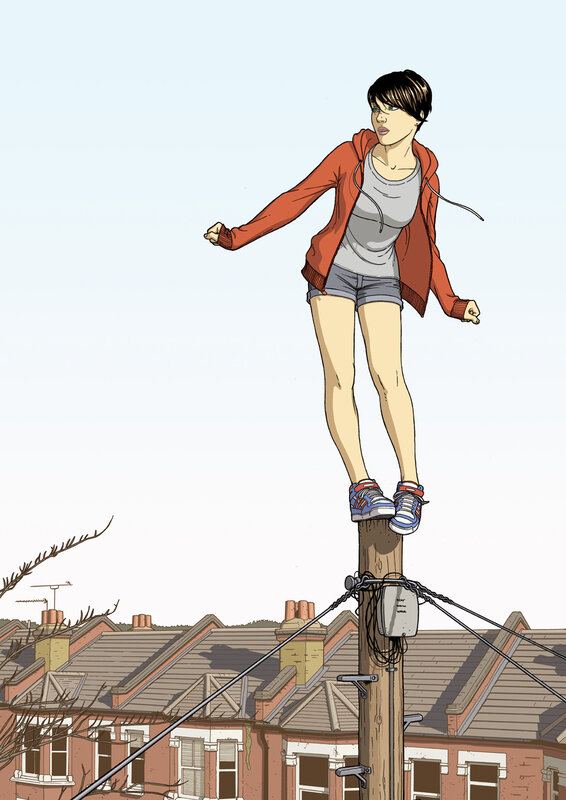 person on utility pole