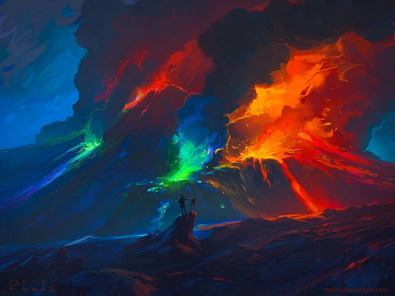 Person on Volcanic Landscape — Blue