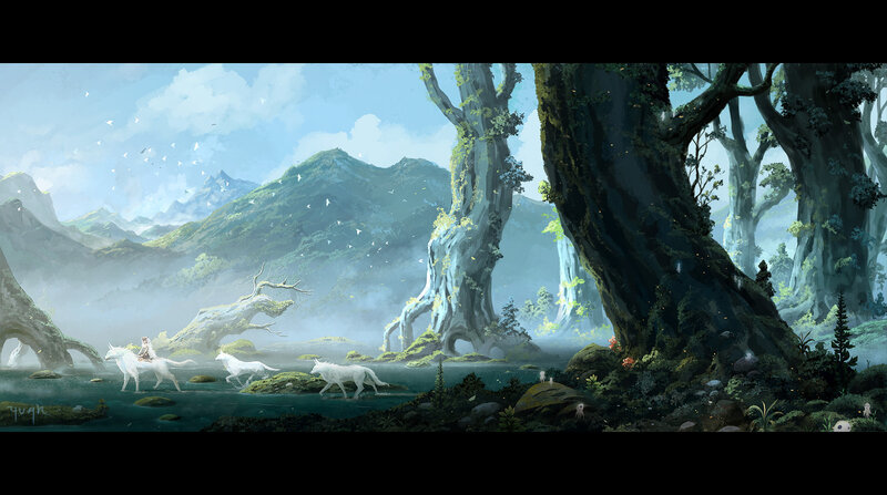 Person on White Horse — Green, Serene