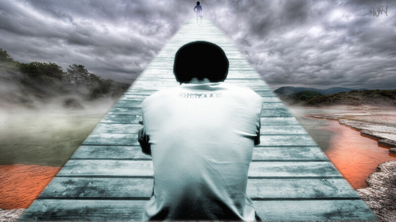 Person on Wooden Bridge — Gray