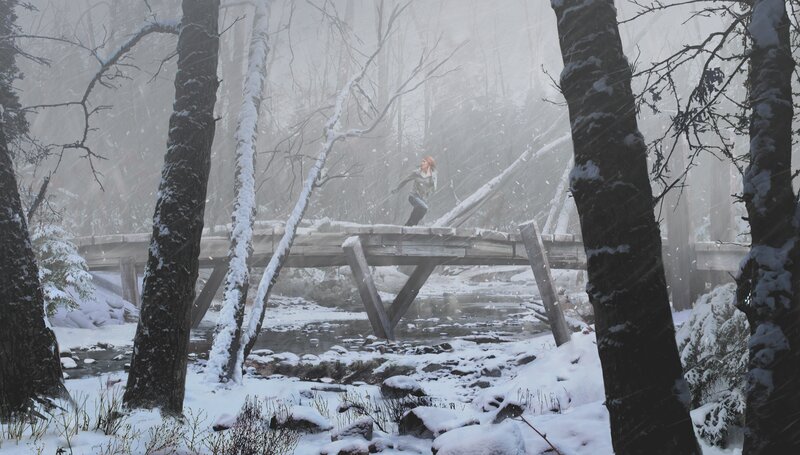 Person on Wooden Bridge — White