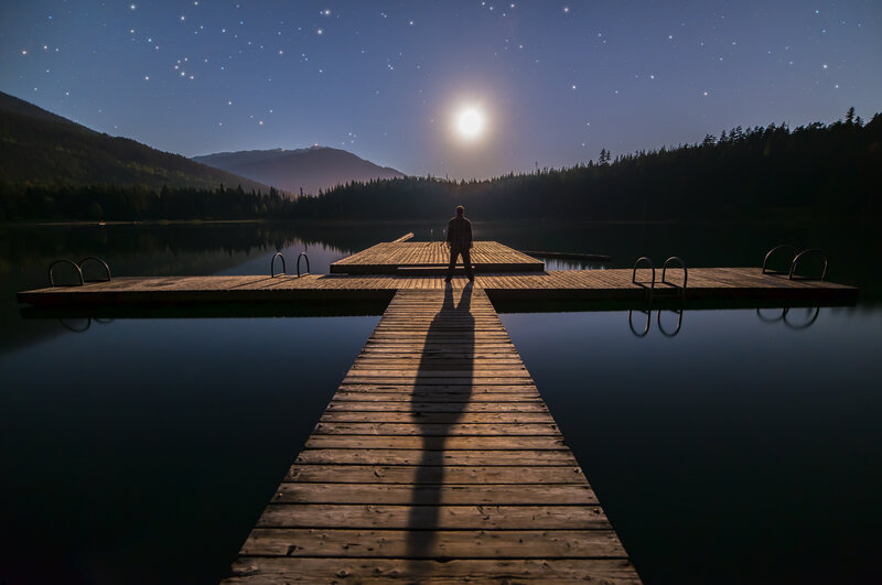 Person on Wooden Dock — Blue, Serene