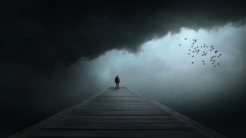 Person on Wooden Pier — Black, Dramatic, Night